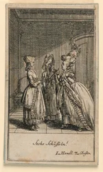 An Elderly Woman Scolding a Girl, illustrasjon av skuespillet "Not more than sachs Schuesseln" av Fredrich Wilhelm Grossman i "Königl: Grosbrit [anian] genealogical calendar for the 1782 year Lauenberg av J.G. Berenberg"