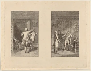 Baronen jager Candide ut av slottet [til venstre]; Candide, Kunigunde og den gamle kvinnen foran guvernøren i Buenos Aires [til høyre]
