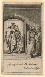 Det eldre paret avslutter hovmodig et besøk, illustrasjon av skuespillet "Not more than sachs Schuesseln" av Fredrich Wilhelm Grossman i "Königl: Grosbrit [nische] genealogical calendar on the 1782 year Lauenberg av J.G. Berenberg"