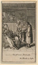 The Elderly Woman Hires a Man, illustrasjon av skuespillet "Not more than sachs Schuesseln" av Fredrich Wilhelm Grossman i "Königl: Grosbrit [anian] genealogical calendar for the 1782 year Lauenberg by J.G. Berenberg"