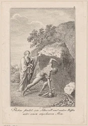 Thesevs finner et sverd og andre våpen under en stein, blad 1 til Beckers "Thesevs"