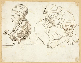 Tre barn (rekto); Skisser av hode, øyne, lepper og blomster (verso)