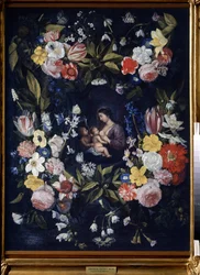 Krans av blomster med Madonna og barn (blomsterkrans med Madonna og barn). Maleri av Daniel Seghers (1590-1661). Olje på lerret, 82 x 64 cm. Flamsk kunst, barokkkunst. Statens kunstmuseum, Tula (eller Tolan).