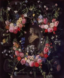 Kranser av blomster rundt en marmorbyste av erkehertug Leopold Guglielmo, ca. 1647
