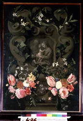 Madonna og barn, den hellige Elisabeth og døperen Johannes som barn i en blomsterkrans. Maleri av Daniel Seghers (1590-1661). Olje på kobber, 84 x 61 cm