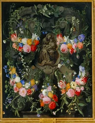 Madonna i en blomsterkrans (olje på lerret)
