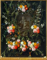Madonna i en blomsterkrans (olje på lerret)