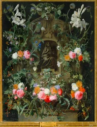 Jomfru Maria i en blomsterkrans (olje på lerret)
