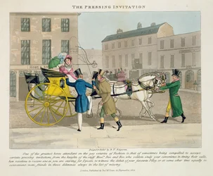 The Pressing Invitation, fra 'Fashionable Bores, or Coolers in High Life, av Peter Quiz', utgitt 1824 (håndfarget akvatint)