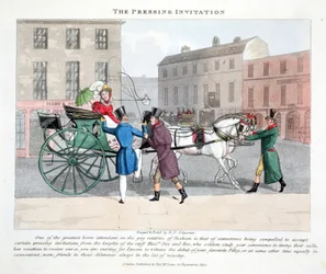The Pressing Invitation, illustrasjon fra "Fashionable Bores or Coolers in High Life" av Peter Quiz, pub. Thomas McLean, London 1824 (håndfarget gravering)