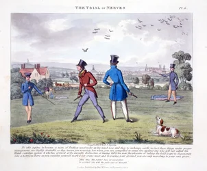 The Trial of Nerves, illustrasjon fra "Fashionable Bores or Coolers in High Life" av Peter Quiz, pub. Thomas McLean, London 1824 (håndfarget gravering)