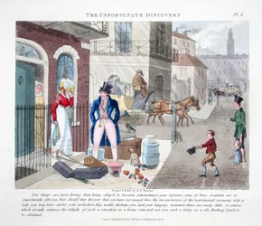 The Unfortunate Discovery, illustrasjon fra "Fashionable Bores or Coolers in High Life" av Peter Quiz, pub. Thomas McLean, London 1824 (håndfarget gravering)