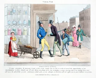 Vis A Vis, illustrasjon fra "Fashionable Bores or Coolers in High Life" av Peter Quiz, pub. Thomas McLean, London 1824 (håndfarget gravering)
