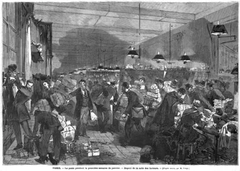 Interiøret på postkontoret i Paris den første uken i januar, postbudsrommet, gravert av Fortune Louis Meaulle (1844-1901)