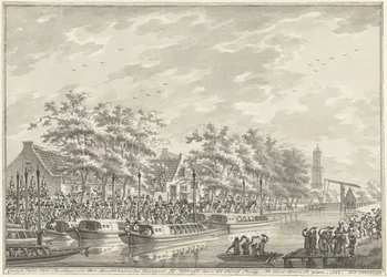 Amsterdammers ankomst til Utrecht, 1787 Utsikt over ankomsten til Amsterdam-borgerne ved Utregt ved De Rooy Brug. Etter Den Dom å se. 1787. (tittel på objekt)