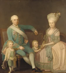 Portrett av en familiegruppe, antatt å være Engel Ernst von Schack, hans kone Mette Pauline von Schack, født Rosenorn, og deres barn