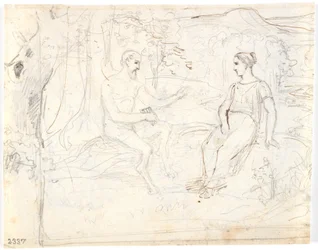En satyr med en fløyte og en ung jente, sittende i en skog