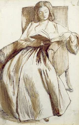Elizabeth Siddal Leser en bok (penn og blekk og vask)