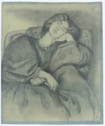 Studie av Jane Morris sover i en polstret lenestol,
