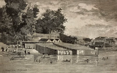 Badeanlegg, offentlige bad i Tiber i Roma, Italia, gravering fra tegning av Dante Paolocci, fra L'Illustrazione Italiana nr. 36, 21. august