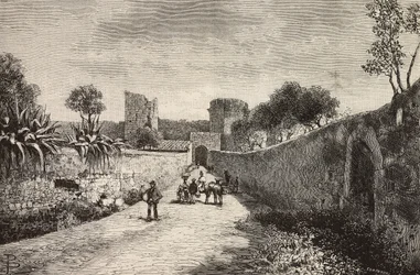 Castello gate, Corneto Tarquinia, Italia, gravering fra tegning av Dante Paolocci, fra L'Illustrazione Italiana, nr. 47, 23. november