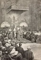 Konsistoriet 13. november, pave Leo XIII hvor han skapte nye kardinaler, Vatikanet, gravering fra tegning av Dante Paolocci, fra L'Illustrazione Italiana, nr. 48, 30. november