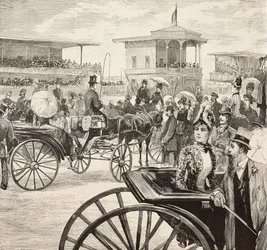 Elegante menn og kvinner deltar på et hesteveddeløp på veddeløpsbanen, Roma, Italia, gravering fra en tegning av Dante Paolocci, fra L'Illustrazione Italiana, år 12, nr. 18, 3. mai
