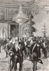 Italienske politikere og offiserer som feirer nyttårsaften på Quirinal Palace, Roma, Italia, gravering av Centenari fra tegning av Dante Paolocci, fra L'Illustrazione Italiana, år 12, nr. 2, 11. januar