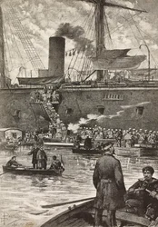 Italienske soldater går ombord på slagskipet Principe Amedeo, italiensk ekspedisjon i Rødehavet, Napoli, Italia, gravering fra tegning av Dante Paolocci, fra L'Illustrazione Italiana, år 12, nr. 5, 1. februar