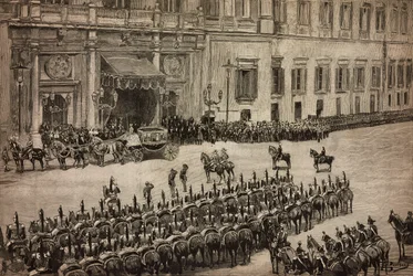 Åpning av parlamentet, ankomst av kong Umberto I til Montecitorio, Roma, Italia, gravering fra tegning av Dante Paolocci, L'Illustrazione Italiana nr. 51, 4. desember