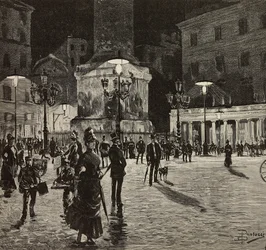 Piazza Colonna opplyst med elektrisk lys, Roma, Italia, tegning av Dante Paolocci, gravering fra L'Illustrazione Italiana, nr. 50, 5. desember