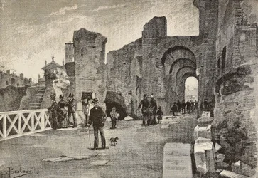 Offentlig gangvei (Summa Nova Via) i Palazzo dei Cesari, Roma, Italia, gravering fra tegning av Dante Paolocci, fra L'Illustrazione Italiana, nr. 49, 7. desember