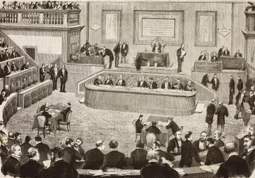 Sesjon 26. juli i det italienske senatet, Roma, Italia, gravering fra en tegning av Dante Paolocci, L'Illustrazione Italiana, nr. 42, 13. august