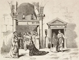 Høyestepavens kabinett i palasset, Postumia tigger Fabio Massimo, Rome Vaincue av Alexandre Parodi, akt V, gravering av Dante Paolocci fra skisser av Zandomenico fra L'Illustrazione Italiana, nr. 58, 3. desember