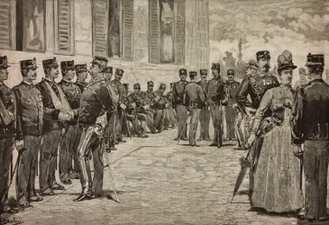 Overlevende fra Dogali, Eritrean War, mottatt av suverene i hagen til Quirinal, Roma, Italia, av Dante Paolocci, L'Illustrazione Italiana nr. 25 og 26, 19. juni
