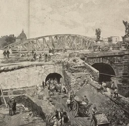 Arbeid på Ponte Sant'Angelo under realisering av Tiber-banker, Roma, Italia, gravering etter tegning av Dante Paolocci, fra L'Illustrazione Italiana, år XX, nr. 2, 8. januar