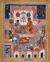 Misbah the Grocer bringer Spy Parran til huset sitt, Folio from a Hamzanama..., ca. 1570.