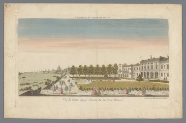 Utsikt over Somerset House fra Themsen med London i bakgrunnen Le Palais Royal de Somerset / Vue du Palais Royal Somerset du côté de la Thamise (tittel på objekt)