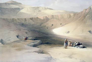 Inngang til gravene til konger i Theben, gravering fra tegning av David Roberts (1796-1864), fra Egypt og Nubia