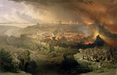 Ødeleggelsen av Jerusalem i år 70 e.Kr., gravert av Louis Haghe (1806-85)