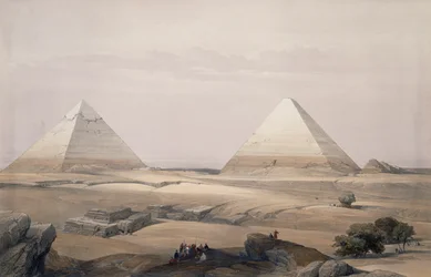 Pyramidene i Giza, gravering fra tegning av David Roberts (1796-1864), fra Egypt og Nubia