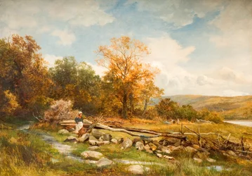 Tidevannsgjerde ved elven Conwy i Bachlediog, 1891 99 elv; Conwy; Conway; Tidevann gjerde; barriere; bachlediog; Afon Conwy; Conway; landskap; Wales; Walisisk; høst; høstlig;