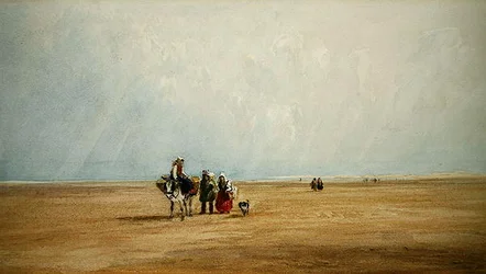 Figurer med et esel på en fransk strand (akvarell på papir)