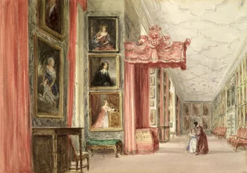 Interiør av Long Gallery, Hardwick Hall, Derbyshire, 1838