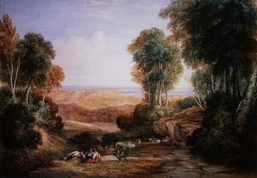 Krysset mellom elven Severn og elven Wye med Chepstow Castle i det fjerne (akvarell på papir)