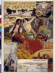 Syndicat d'initiative de Provence. Illustrasjon av David Dellepiane (1866-1932). Obligatorisk omtale: Collection fondation regards de Provence (Dim i cm 100x81)