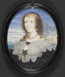 Dronning Henrietta Maria (1609-69) (gouache på vellum lagt på gesso-støttet kort)