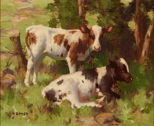 Kalver i et sommerlandskap (olje på lerret)