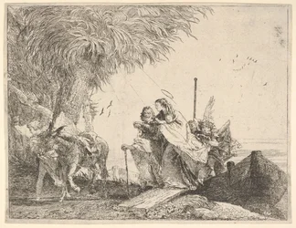 Maria, hjulpet av Josef og en engel, går fra en båt til kysten, en engel støter ..., 1753.