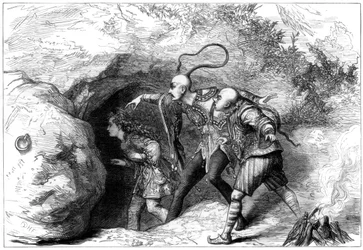 En scene fra Aladdin and his Wonderful Lamp, ved Drury Lane Theatre, London, 1875.